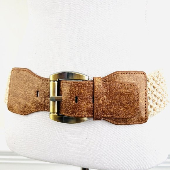 Unbranded Accessories - Brown Faux Leather & Cream Stretchy Wide 2" Belt